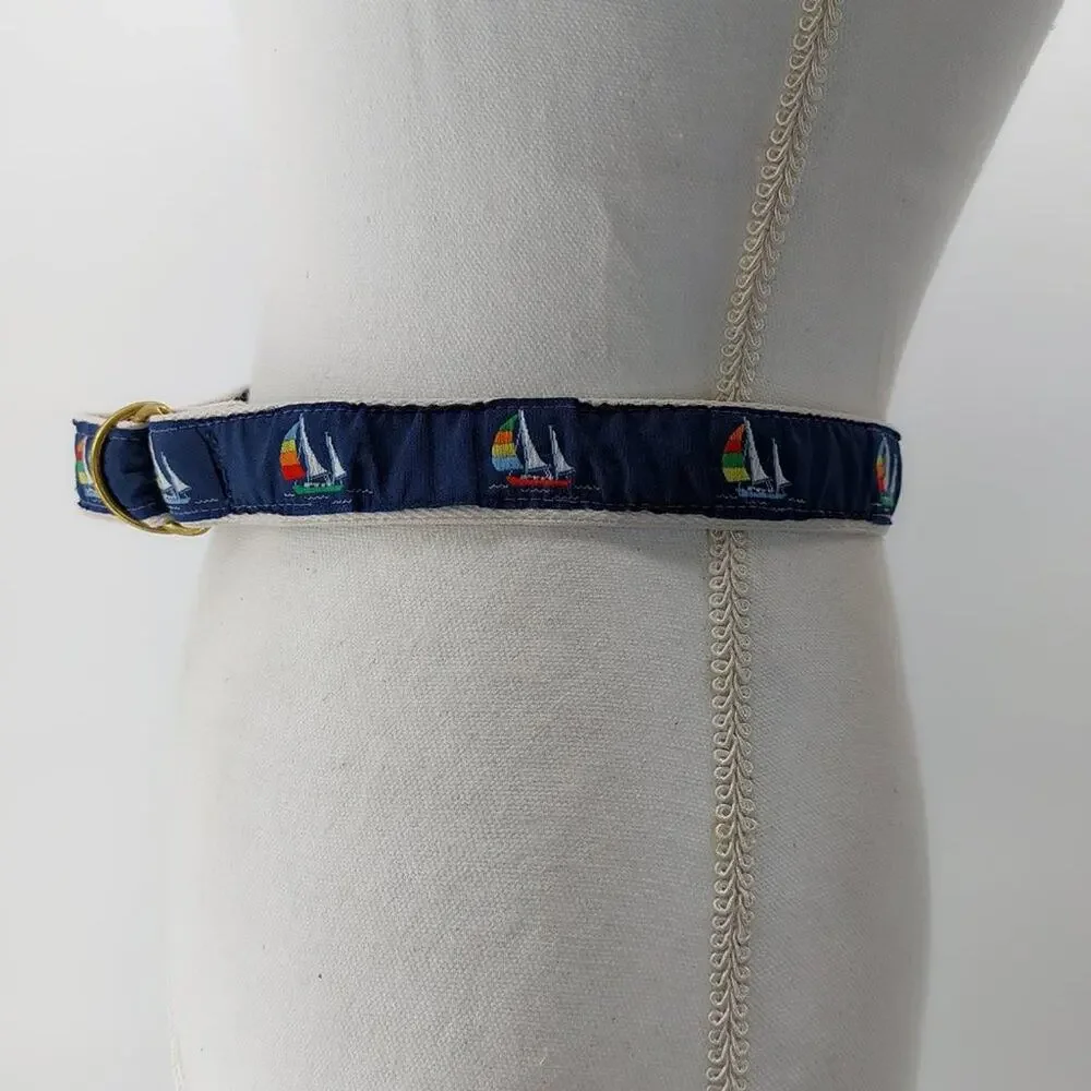 Vintage Cape Cod Canvas Sail Boat Navy Blue Weaved Double D Belt Child Kid Boy